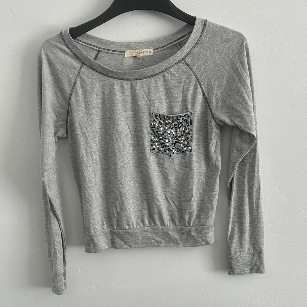 Light Gray Long-Sleeve Tee with Sequin Pocket